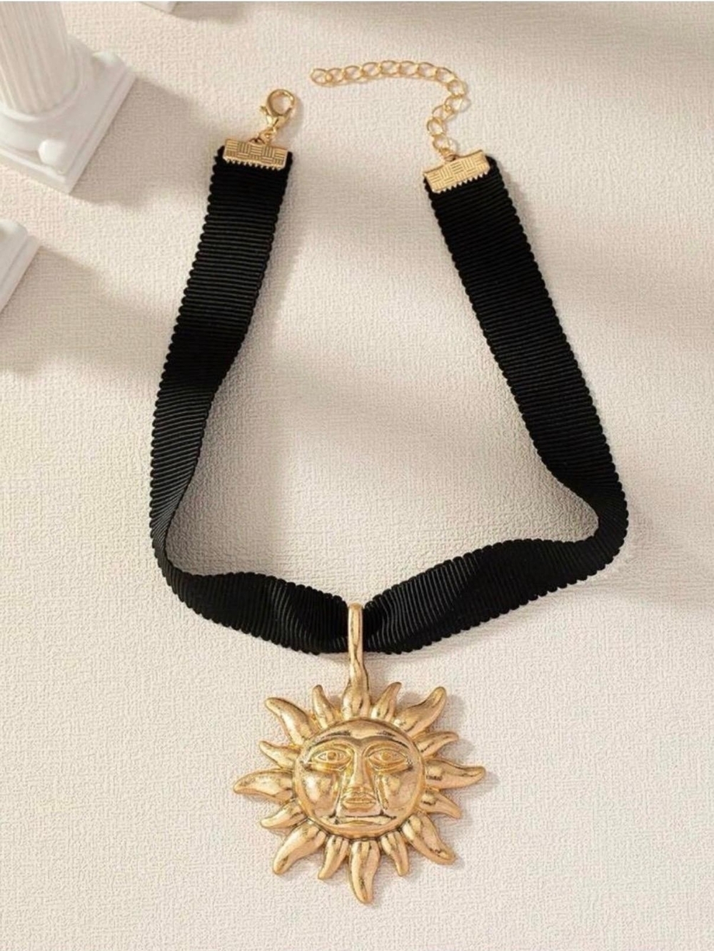 Black Ribbon Choker with Gold Sun Medallion - Picture 3 of 3